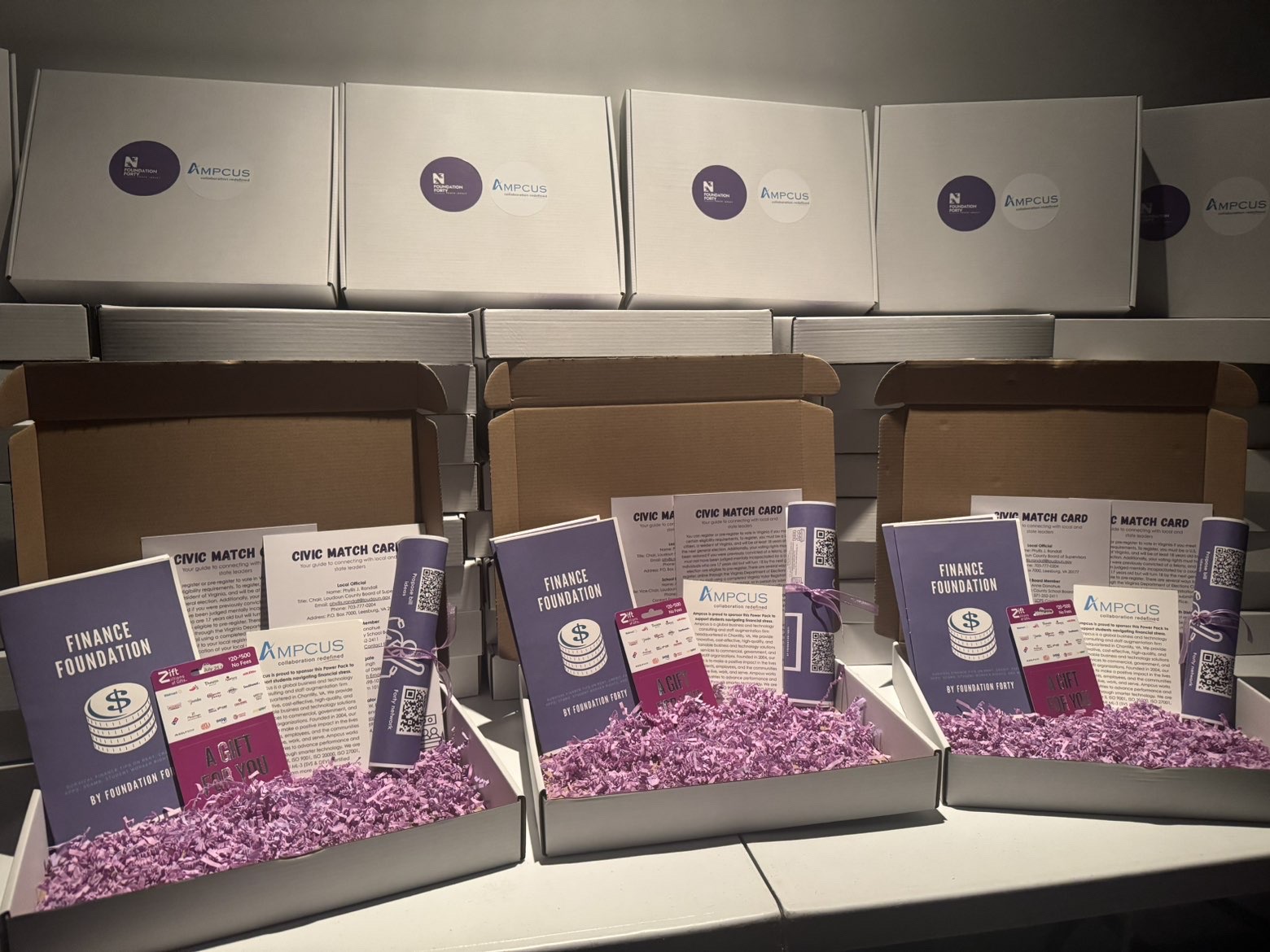 Foundation Forty Power Packs - boxes containing Finance Foundation booklets, Civic Match Cards, prepaid cards, and civic engagement materials